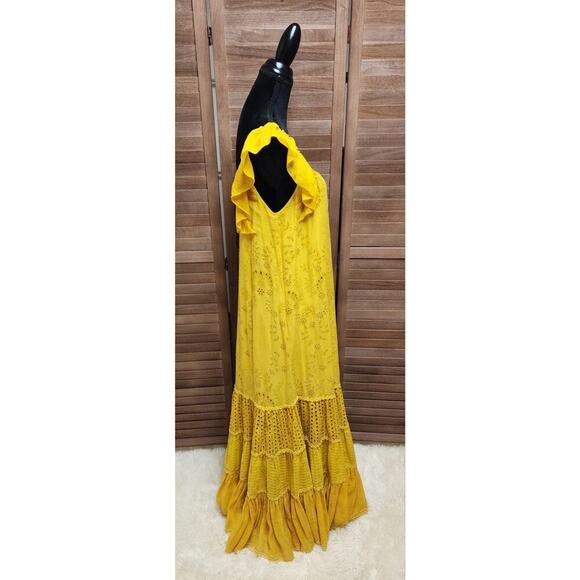 Anthropologie Payal Jain Fallon Eyelet Floral Maxi Dress Mustard Yellow Size 8 - Picture 3 of 9